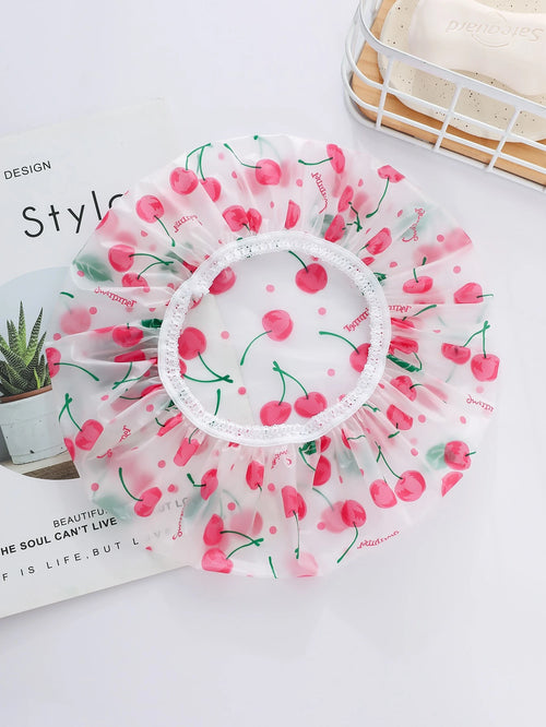 1pc Reusable PEVA Shower Cap, Cherry Print Elastic Waterproof High Multifunctional Bathing Caps For Bathroom Home Bathroom Decor Fall Decor Back To School