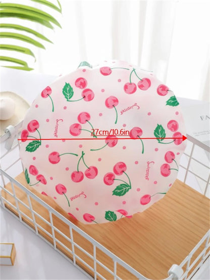 1pc Reusable PEVA Shower Cap, Cherry Print Elastic Waterproof High Multifunctional Bathing Caps For Bathroom Home Bathroom Decor Fall Decor Back To School