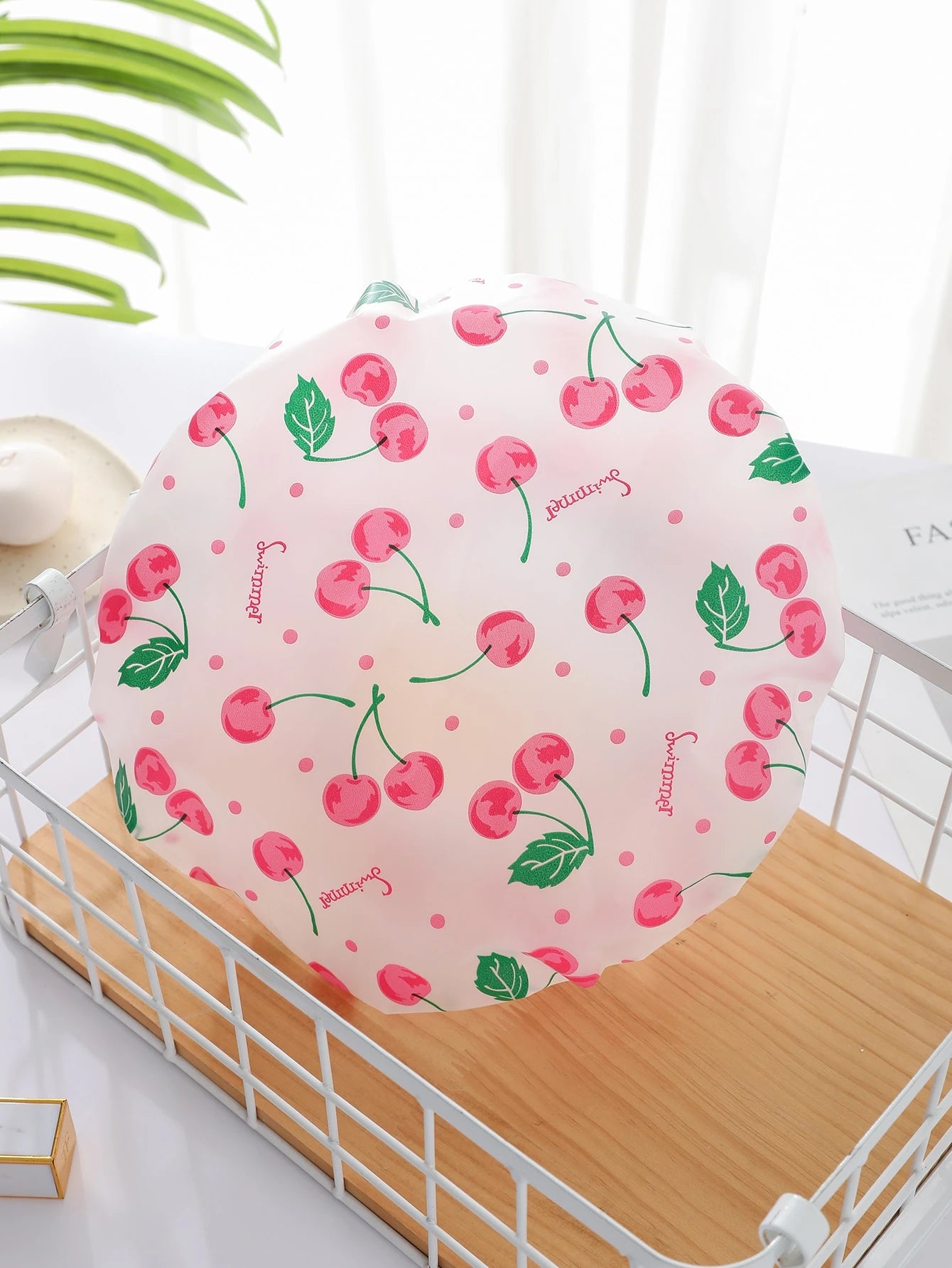 1pc Reusable PEVA Shower Cap, Cherry Print Elastic Waterproof High Multifunctional Bathing Caps For Bathroom Home Bathroom Decor Fall Decor Back To School