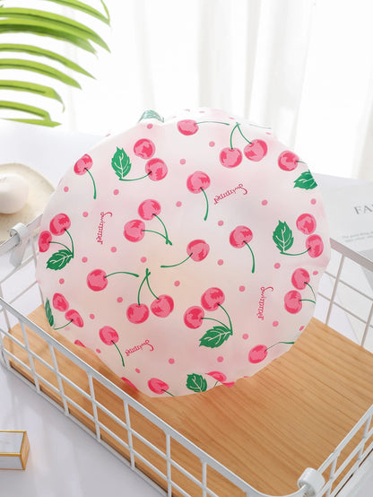 1pc Reusable PEVA Shower Cap, Cherry Print Elastic Waterproof High Multifunctional Bathing Caps For Bathroom Home Bathroom Decor Fall Decor Back To School