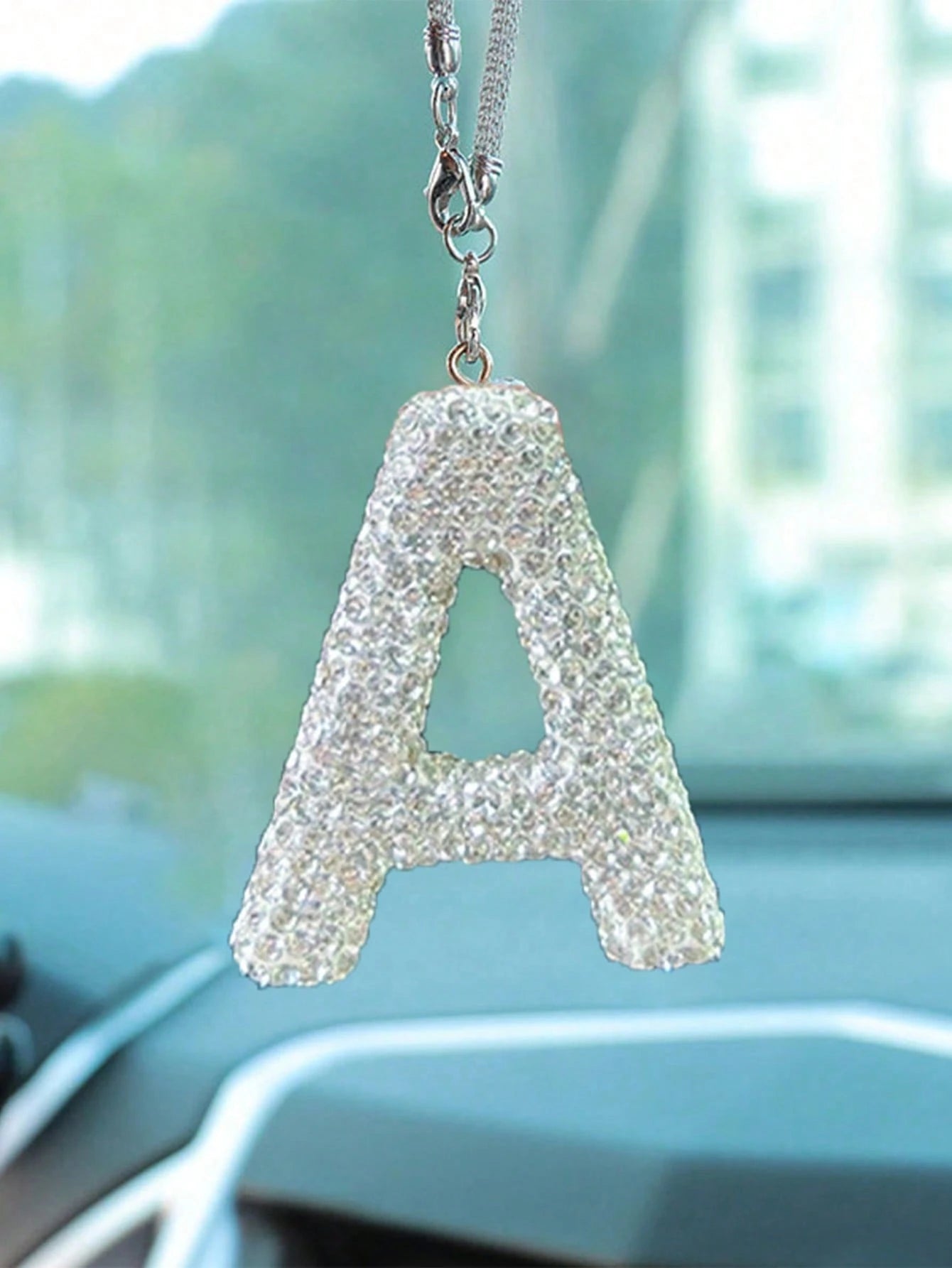 1pc Rhinestone A-Z Letter Car Rearview Mirror Pendant, Car Interior Decor