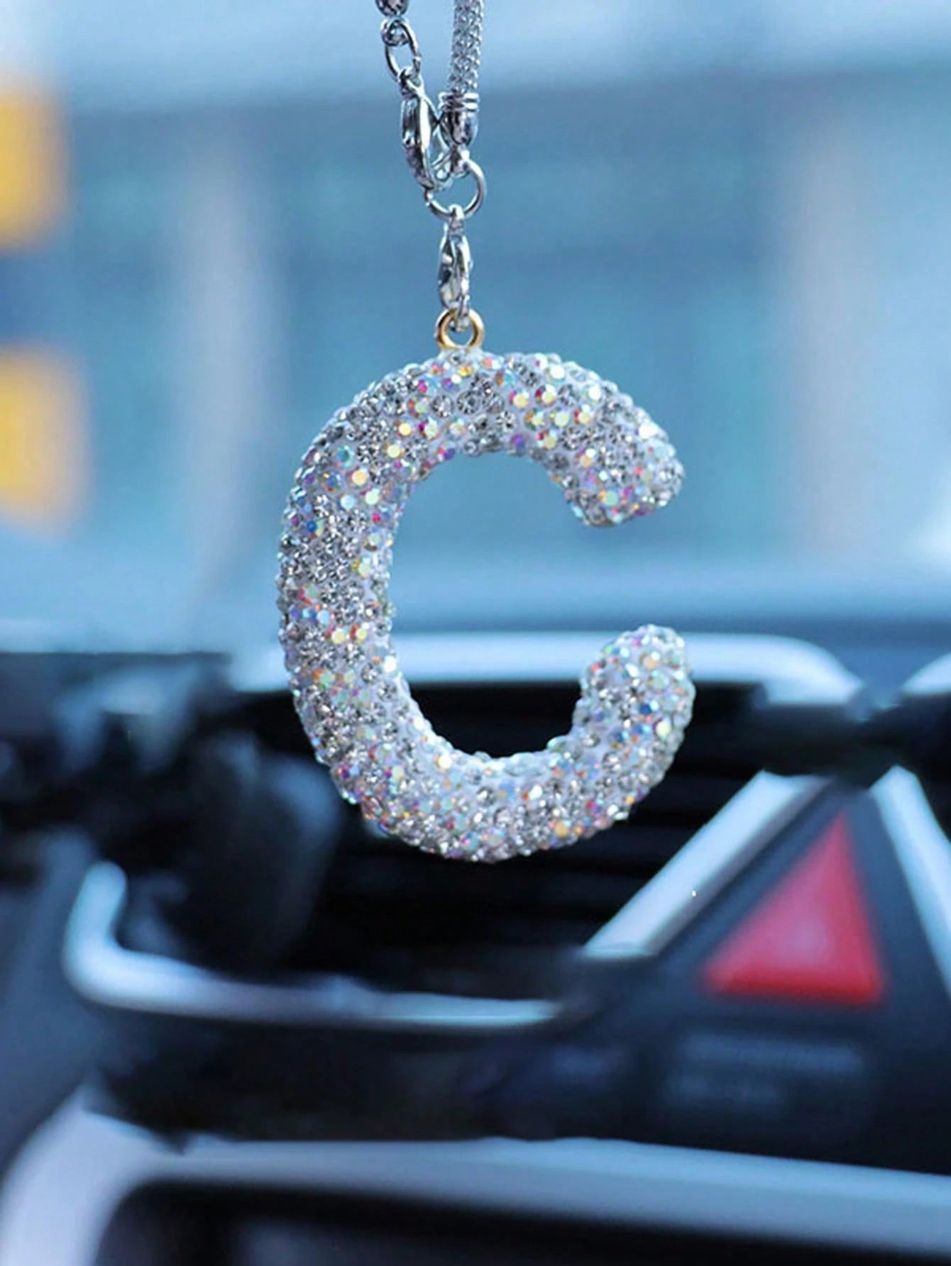 1pc Rhinestone A-Z Letter Car Rearview Mirror Pendant, Car Interior Decor