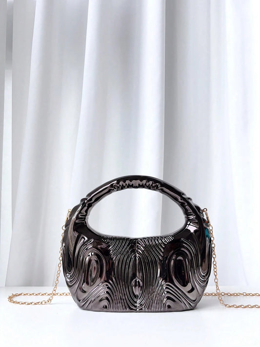 1pc Round 3D Striped Metal Chain Special Shape Handbag, Luxurious Evening Party Bag, Glamorous Ball Accessory, Elegant Banquet Purse
