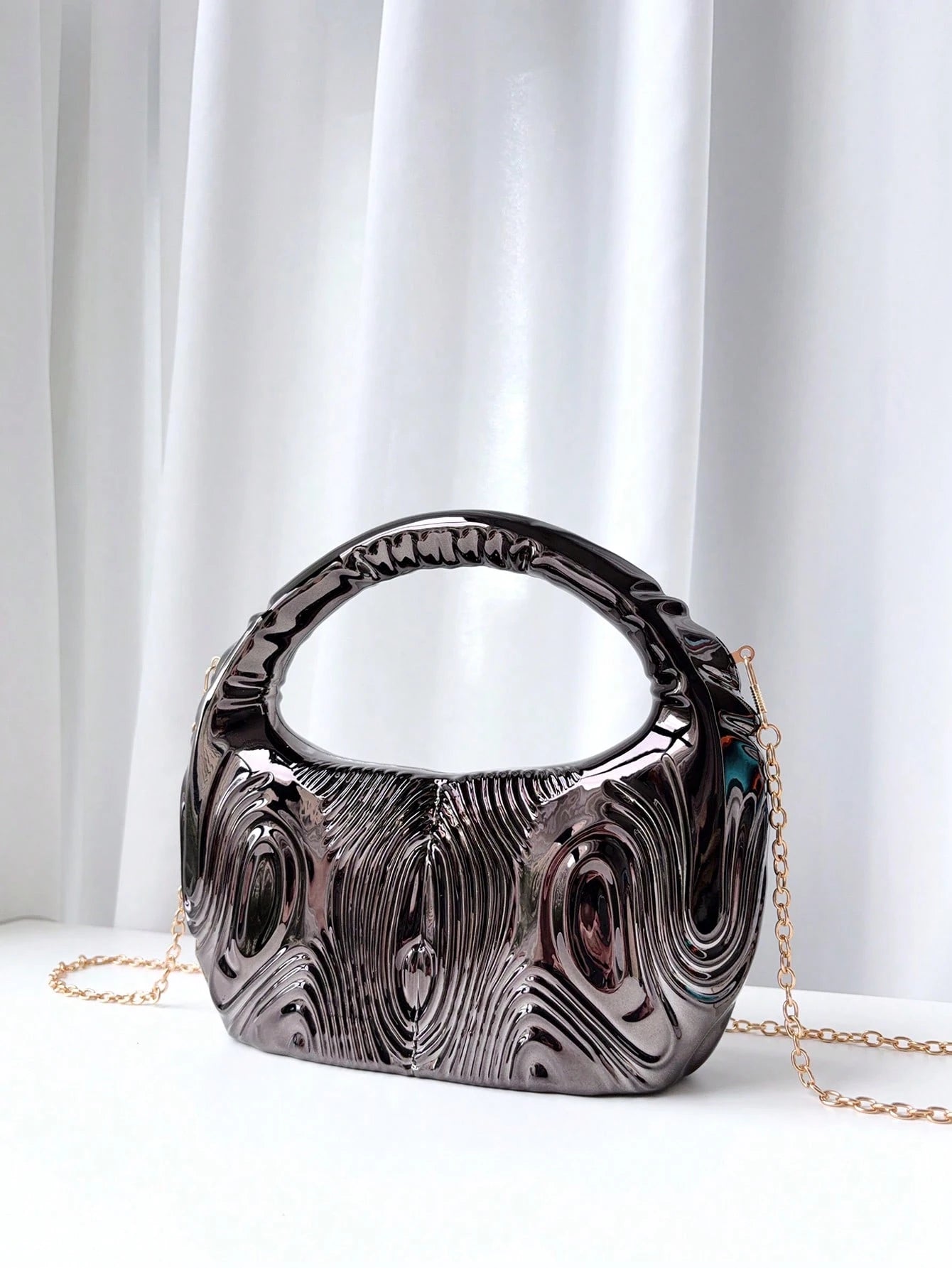 1pc Round 3D Striped Metal Chain Special Shape Handbag, Luxurious Evening Party Bag, Glamorous Ball Accessory, Elegant Banquet Purse