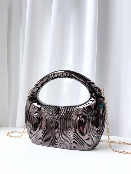 1pc Round 3D Striped Metal Chain Special Shape Handbag, Luxurious Evening Party Bag, Glamorous Ball Accessory, Elegant Banquet Purse