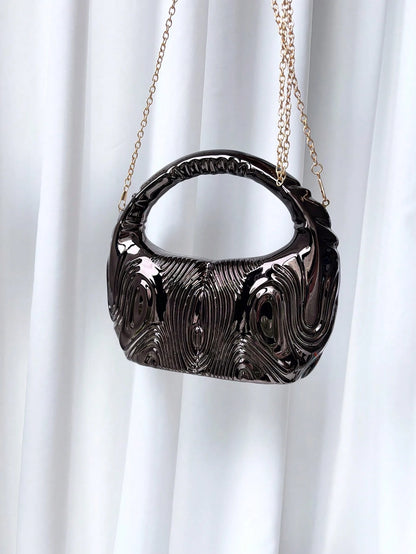 1pc Round 3D Striped Metal Chain Special Shape Handbag, Luxurious Evening Party Bag, Glamorous Ball Accessory, Elegant Banquet Purse