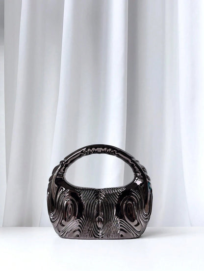 1pc Round 3D Striped Metal Chain Special Shape Handbag, Luxurious Evening Party Bag, Glamorous Ball Accessory, Elegant Banquet Purse