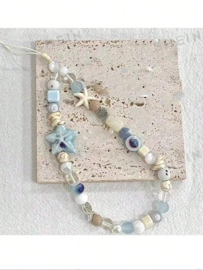 1pc Sea Salt Blue Beach Style Phone Lanyard, Starfish & Shell Ceramic Beaded Phone Chain, Ins Vacation Anti-Loss Phone Strap, Holiday Gift (Actual Size May Vary Slightly From Photo Due To Shooting Ang