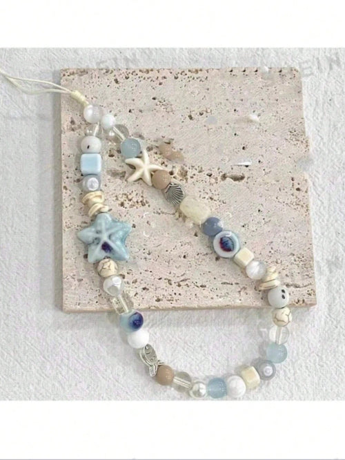 1pc Sea Salt Blue Beach Style Phone Lanyard, Starfish & Shell Ceramic Beaded Phone Chain, Ins Vacation Anti-Loss Phone Strap, Holiday Gift (Actual Size May Vary Slightly From Photo Due To Shooting Ang