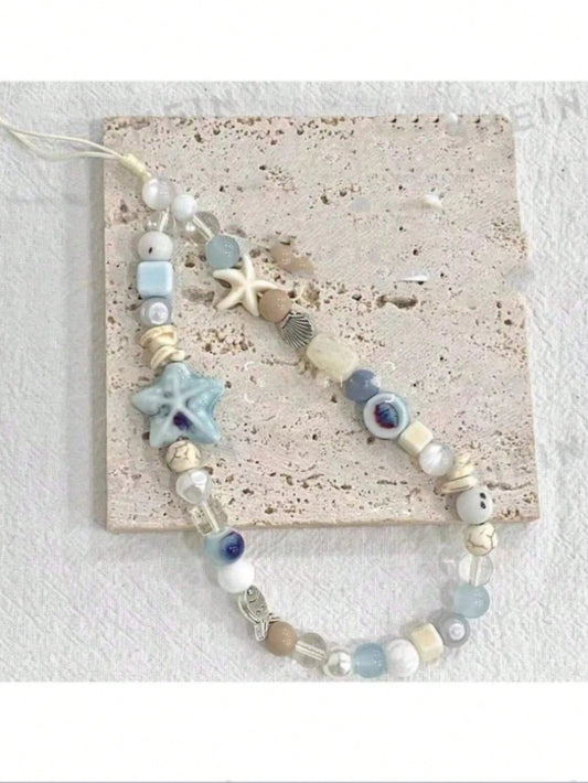 1pc Sea Salt Blue Beach Style Phone Lanyard, Starfish & Shell Ceramic Beaded Phone Chain, Ins Vacation Anti-Loss Phone Strap, Holiday Gift (Actual Size May Vary Slightly From Photo Due To Shooting Ang