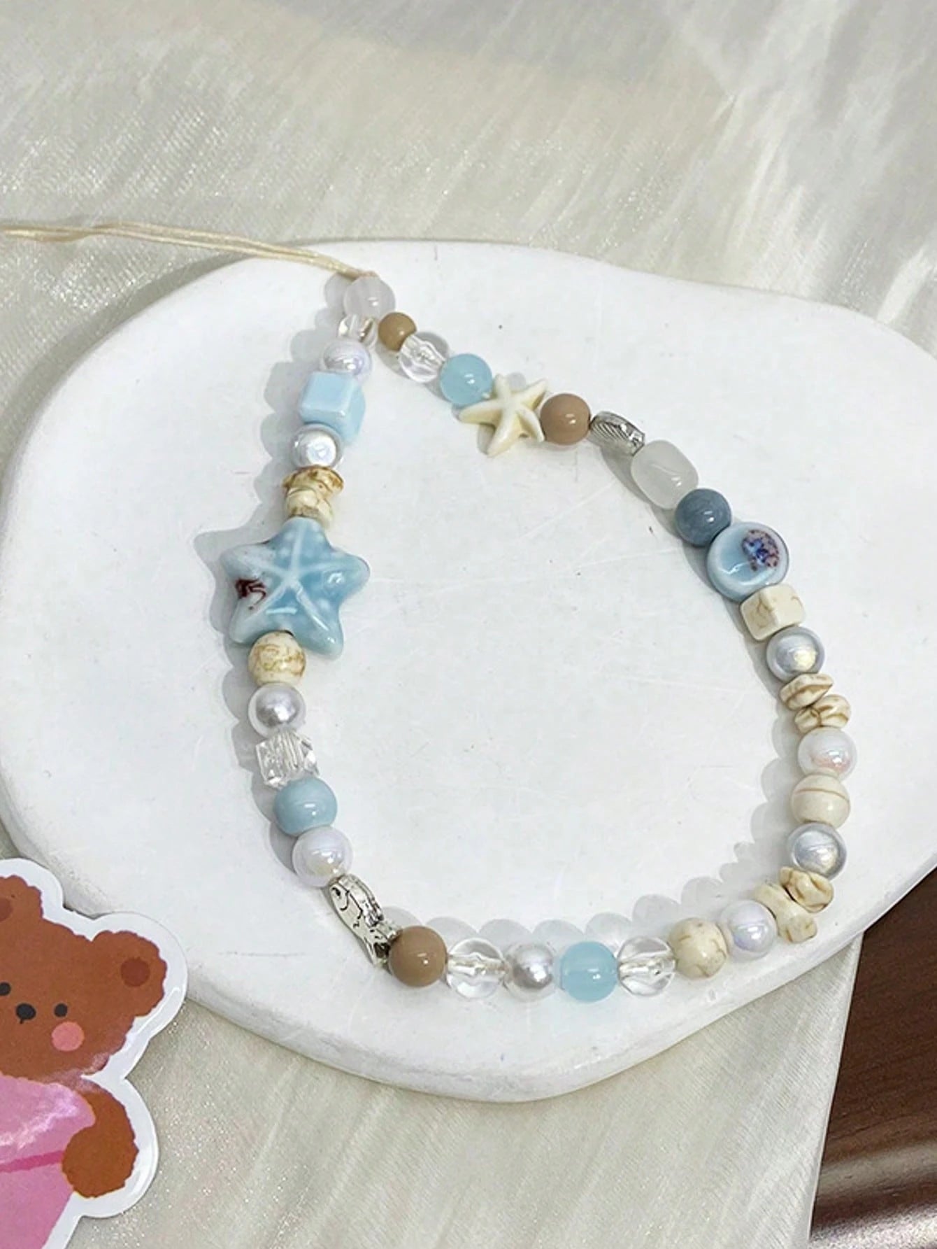 1pc Sea Salt Blue Beach Style Phone Lanyard, Starfish & Shell Ceramic Beaded Phone Chain, Ins Vacation Anti-Loss Phone Strap, Holiday Gift (Actual Size May Vary Slightly From Photo Due To Shooting Ang