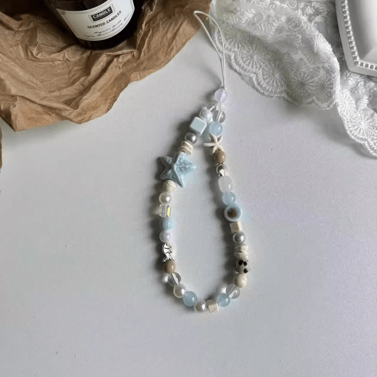 1pc Sea Salt Blue Beach Style Phone Lanyard, Starfish & Shell Ceramic Beaded Phone Chain, Ins Vacation Anti-Loss Phone Strap, Holiday Gift (Actual Size May Vary Slightly From Photo Due To Shooting Ang