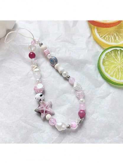 1pc Sea Salt Blue Beach Style Phone Lanyard, Starfish & Shell Ceramic Beaded Phone Chain, Ins Vacation Anti-Loss Phone Strap, Holiday Gift (Actual Size May Vary Slightly From Photo Due To Shooting Ang