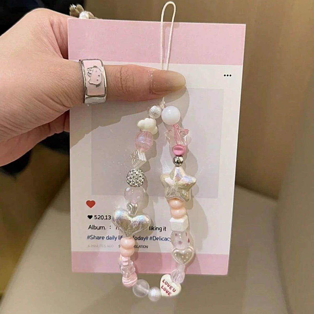 1pc Sea Salt Star Shell Handmade DIY Beaded CCD Camera Lanyard, Fresh Camera Charm With Star, Heart And Round Beads, Phone Chain Strap, CCD Camera Pendant Chain, Versatile Phone Lanyard For Girls