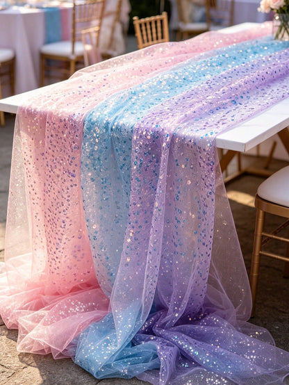 1pc Sequin Table Runner In Pink/Purple/Light Blue/White, Suitable For Baby Shower Party Tablecloth, Rectangular Shiny Sequin Table Decor For Baby Boy Or Girl Birthday Party, Nursery Decor, Baby Shower