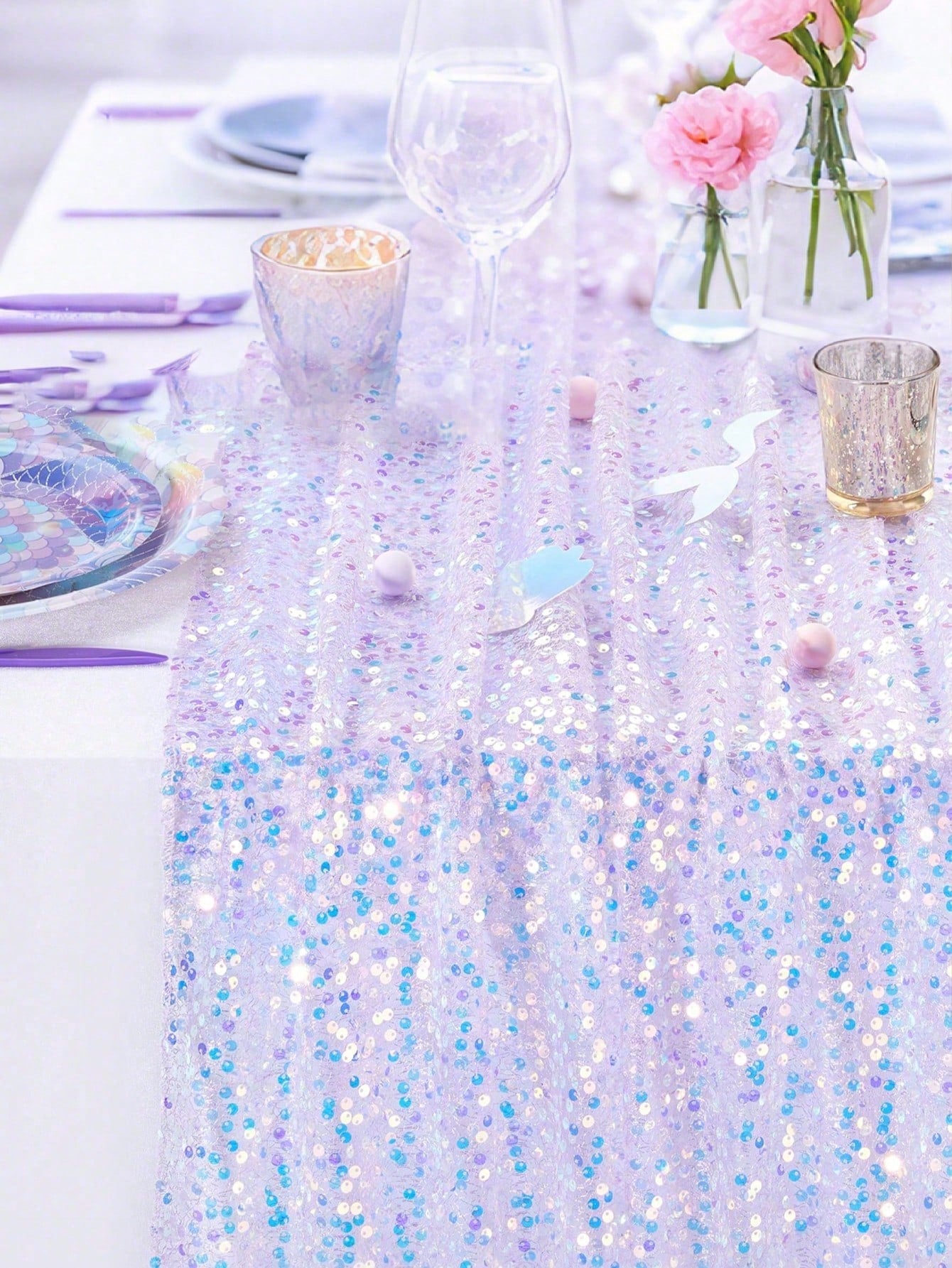 1pc Sequin Table Runner In Pink/Purple/Light Blue/White, Suitable For Baby Shower Party Tablecloth, Rectangular Shiny Sequin Table Decor For Baby Boy Or Girl Birthday Party, Nursery Decor, Baby Shower