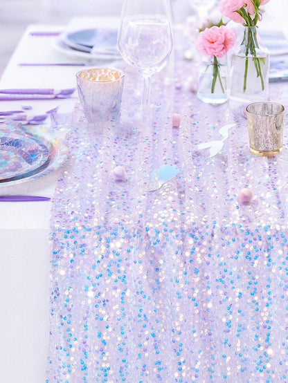 1pc Sequin Table Runner In Pink/Purple/Light Blue/White, Suitable For Baby Shower Party Tablecloth, Rectangular Shiny Sequin Table Decor For Baby Boy Or Girl Birthday Party, Nursery Decor, Baby Shower