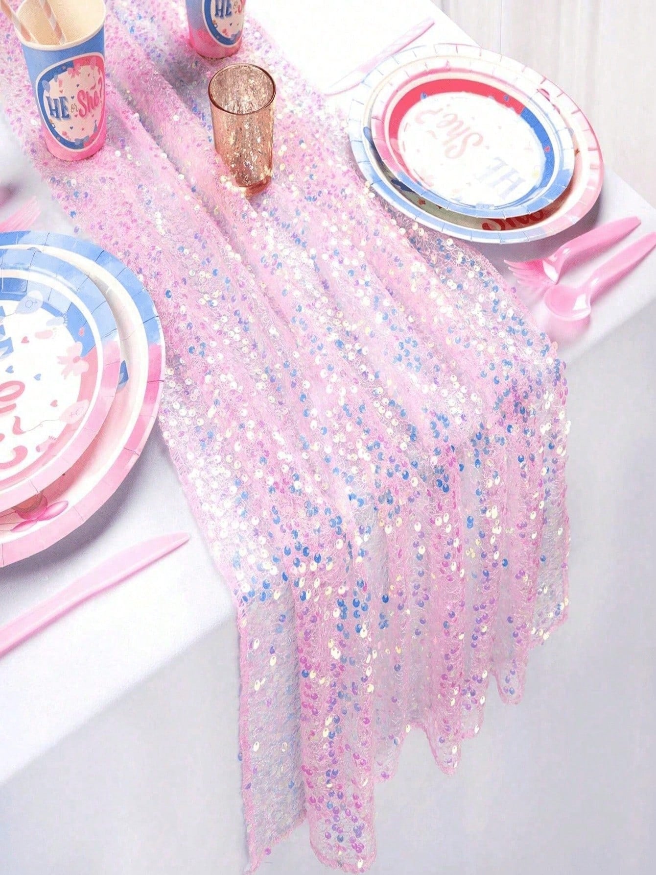 1pc Sequin Table Runner In Pink/Purple/Light Blue/White, Suitable For Baby Shower Party Tablecloth, Rectangular Shiny Sequin Table Decor For Baby Boy Or Girl Birthday Party, Nursery Decor, Baby Shower