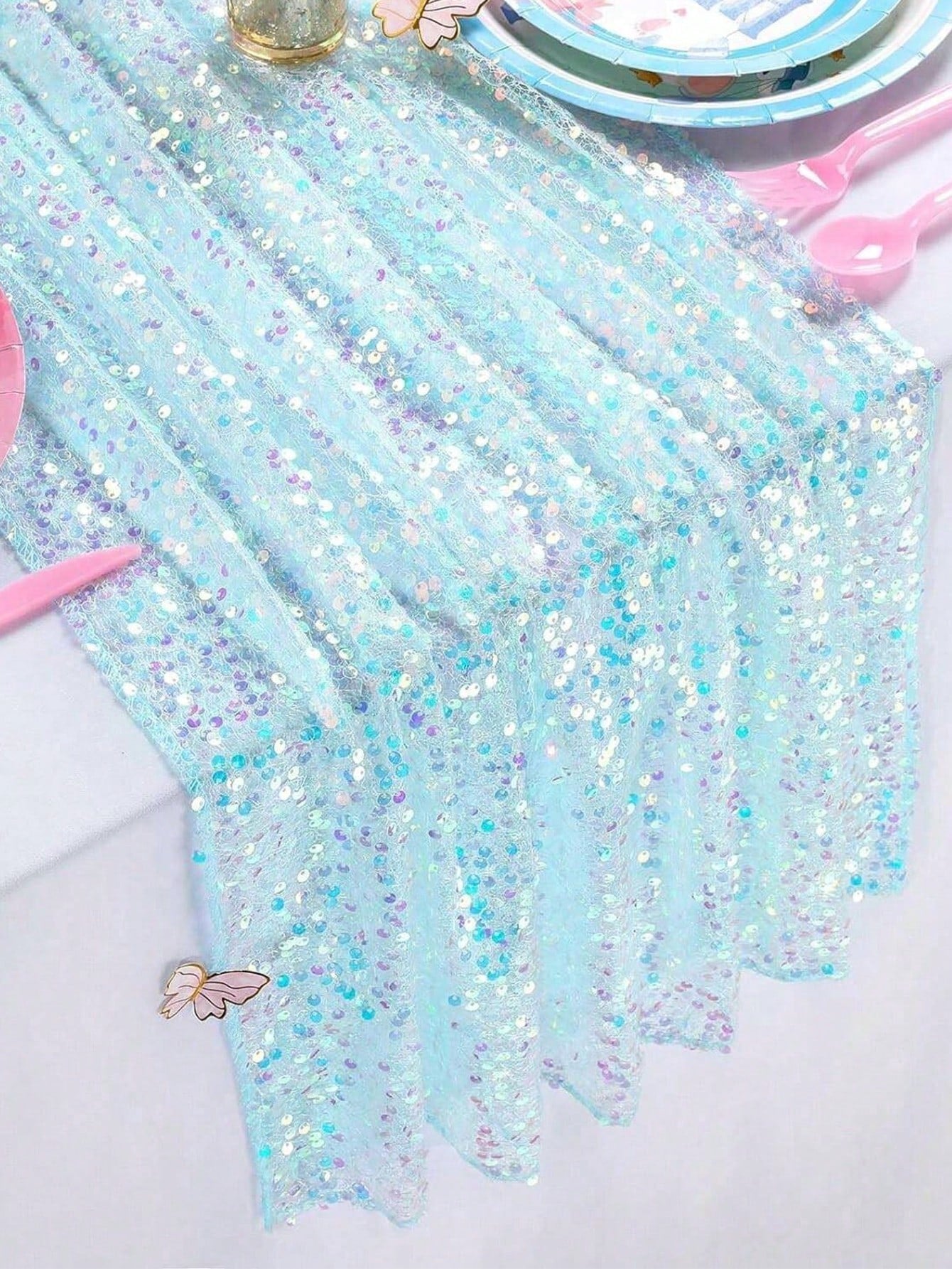 1pc Sequin Table Runner In Pink/Purple/Light Blue/White, Suitable For Baby Shower Party Tablecloth, Rectangular Shiny Sequin Table Decor For Baby Boy Or Girl Birthday Party, Nursery Decor, Baby Shower