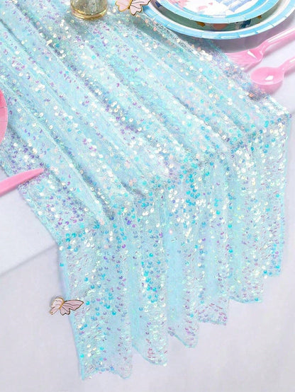 1pc Sequin Table Runner In Pink/Purple/Light Blue/White, Suitable For Baby Shower Party Tablecloth, Rectangular Shiny Sequin Table Decor For Baby Boy Or Girl Birthday Party, Nursery Decor, Baby Shower