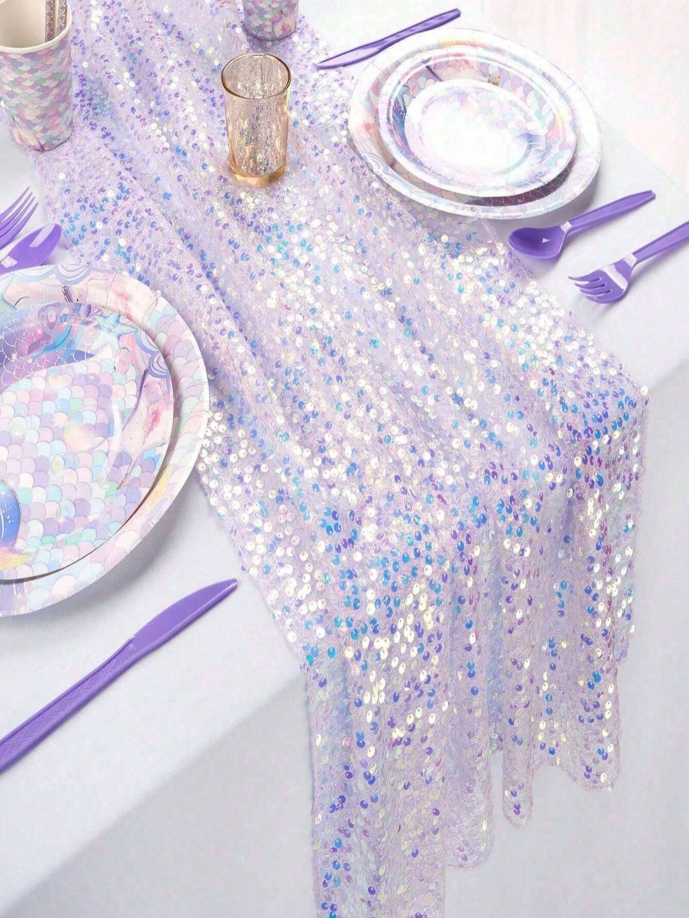 1pc Sequin Table Runner In Pink/Purple/Light Blue/White, Suitable For Baby Shower Party Tablecloth, Rectangular Shiny Sequin Table Decor For Baby Boy Or Girl Birthday Party, Nursery Decor, Baby Shower