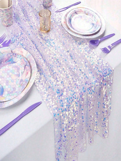 1pc Sequin Table Runner In Pink/Purple/Light Blue/White, Suitable For Baby Shower Party Tablecloth, Rectangular Shiny Sequin Table Decor For Baby Boy Or Girl Birthday Party, Nursery Decor, Baby Shower