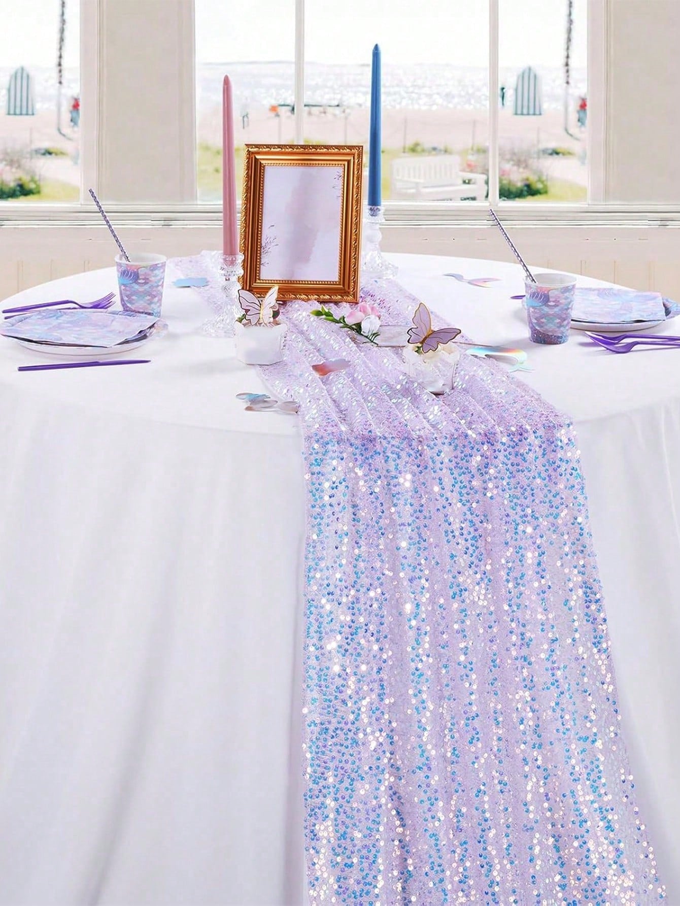 1pc Sequin Table Runner In Pink/Purple/Light Blue/White, Suitable For Baby Shower Party Tablecloth, Rectangular Shiny Sequin Table Decor For Baby Boy Or Girl Birthday Party, Nursery Decor, Baby Shower