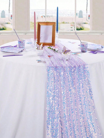 1pc Sequin Table Runner In Pink/Purple/Light Blue/White, Suitable For Baby Shower Party Tablecloth, Rectangular Shiny Sequin Table Decor For Baby Boy Or Girl Birthday Party, Nursery Decor, Baby Shower