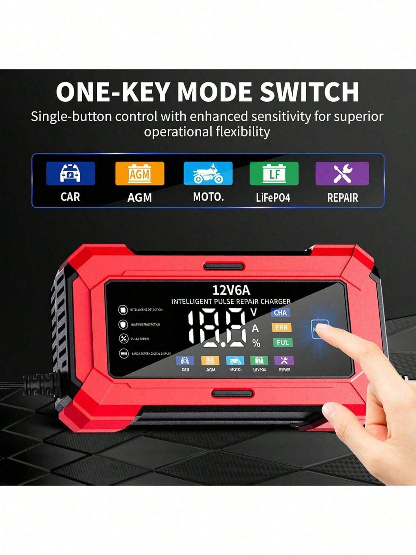 1pc Smart LCD Display 12V 6A Battery Charger, Motorcycle Battery Charger, For EU/US, 110V-240V~, Voltage Display, Auto-Stop When Fully Charged, Suitable For Charging Lead-Acid Batteries And Storage Ba