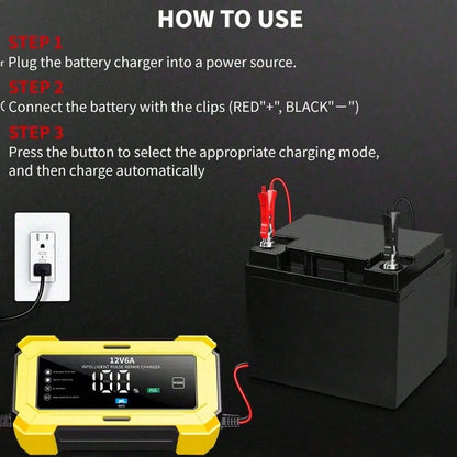 1pc Smart LCD Display 12V 6A Battery Charger, Motorcycle Battery Charger, For EU/US, 110V-240V~, Voltage Display, Auto-Stop When Fully Charged, Suitable For Charging Lead-Acid Batteries And Storage Ba