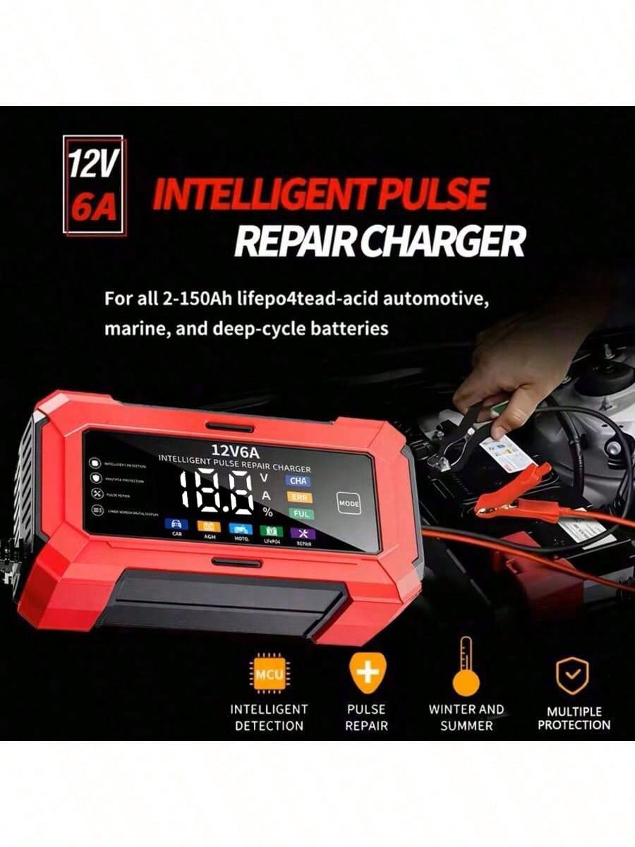 1pc Smart LCD Display 12V 6A Battery Charger, Motorcycle Battery Charger, For EU/US, 110V-240V~, Voltage Display, Auto-Stop When Fully Charged, Suitable For Charging Lead-Acid Batteries And Storage Ba