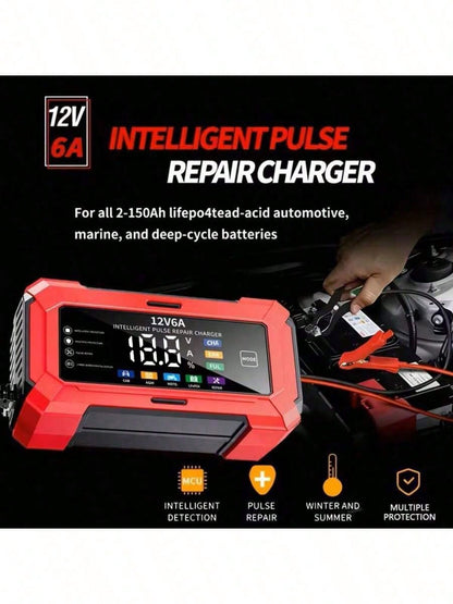 1pc Smart LCD Display 12V 6A Battery Charger, Motorcycle Battery Charger, For EU/US, 110V-240V~, Voltage Display, Auto-Stop When Fully Charged, Suitable For Charging Lead-Acid Batteries And Storage Ba