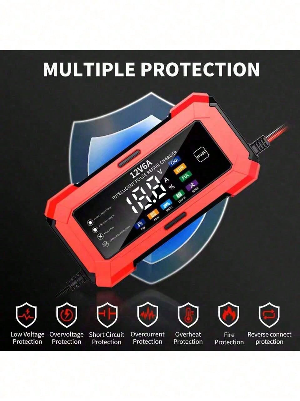 1pc Smart LCD Display 12V 6A Battery Charger, Motorcycle Battery Charger, For EU/US, 110V-240V~, Voltage Display, Auto-Stop When Fully Charged, Suitable For Charging Lead-Acid Batteries And Storage Ba