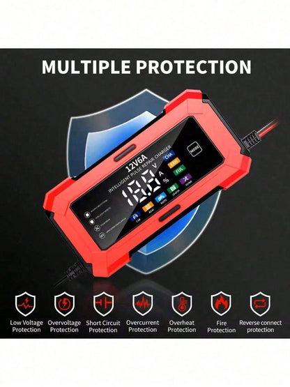 1pc Smart LCD Display 12V 6A Battery Charger, Motorcycle Battery Charger, For EU/US, 110V-240V~, Voltage Display, Auto-Stop When Fully Charged, Suitable For Charging Lead-Acid Batteries And Storage Ba