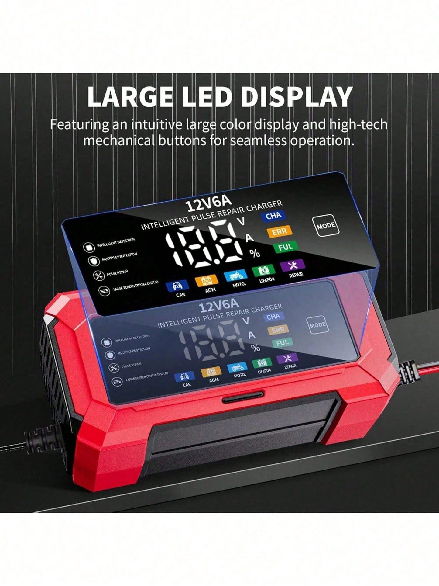 1pc Smart LCD Display 12V 6A Battery Charger, Motorcycle Battery Charger, For EU/US, 110V-240V~, Voltage Display, Auto-Stop When Fully Charged, Suitable For Charging Lead-Acid Batteries And Storage Ba