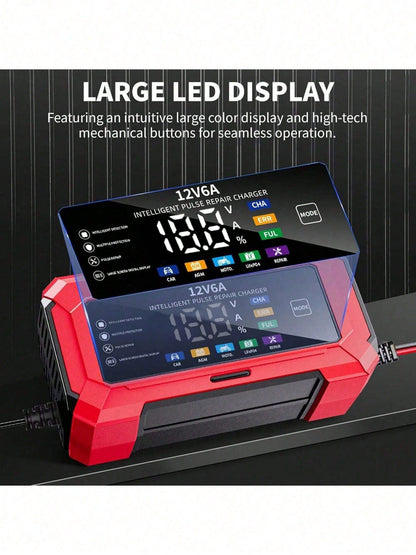 1pc Smart LCD Display 12V 6A Battery Charger, Motorcycle Battery Charger, For EU/US, 110V-240V~, Voltage Display, Auto-Stop When Fully Charged, Suitable For Charging Lead-Acid Batteries And Storage Ba