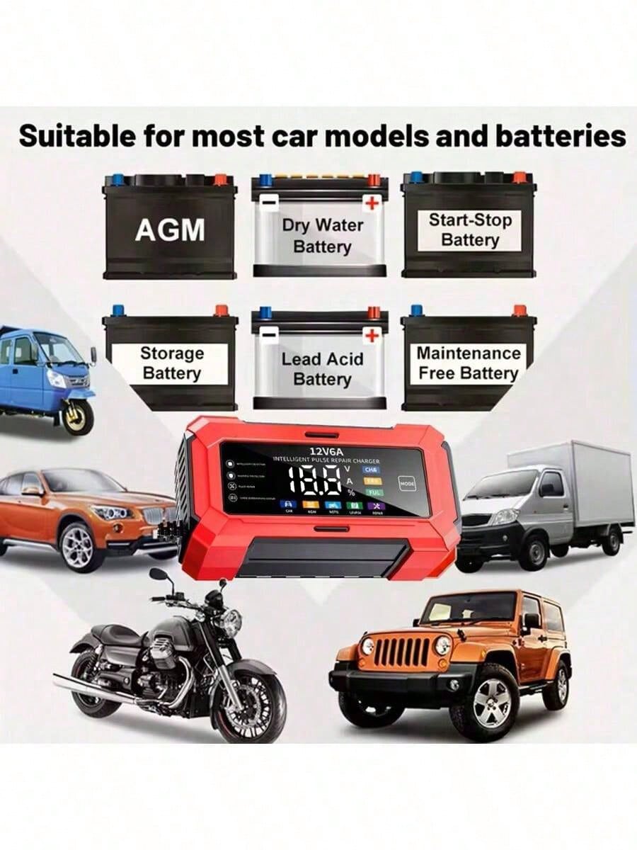 1pc Smart LCD Display 12V 6A Battery Charger, Motorcycle Battery Charger, For EU/US, 110V-240V~, Voltage Display, Auto-Stop When Fully Charged, Suitable For Charging Lead-Acid Batteries And Storage Ba