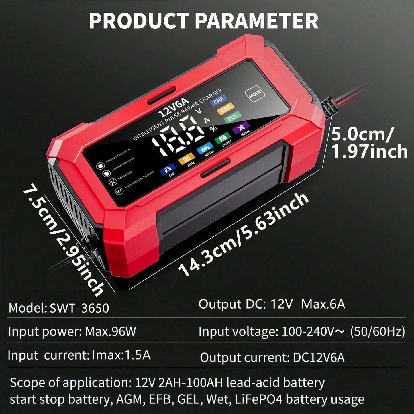 1pc Smart LCD Display 12V 6A Battery Charger, Motorcycle Battery Charger, For EU/US, 110V-240V~, Voltage Display, Auto-Stop When Fully Charged, Suitable For Charging Lead-Acid Batteries And Storage Ba