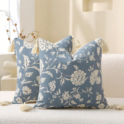 1pc Soft Canvas Floral Print Tassel Throw Pillow Cover, Vintage Farmhouse Style Decorative Cushion Case, Size 18/20 Inch, Blue, Handmade Printed
