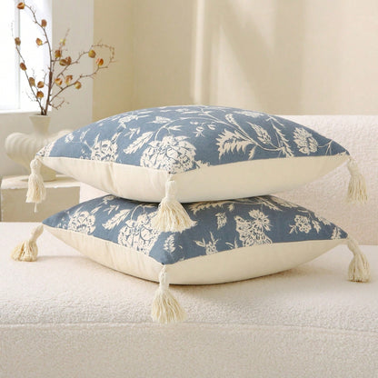 1pc Soft Canvas Floral Print Tassel Throw Pillow Cover, Vintage Farmhouse Style Decorative Cushion Case, Size 18/20 Inch, Blue, Handmade Printed