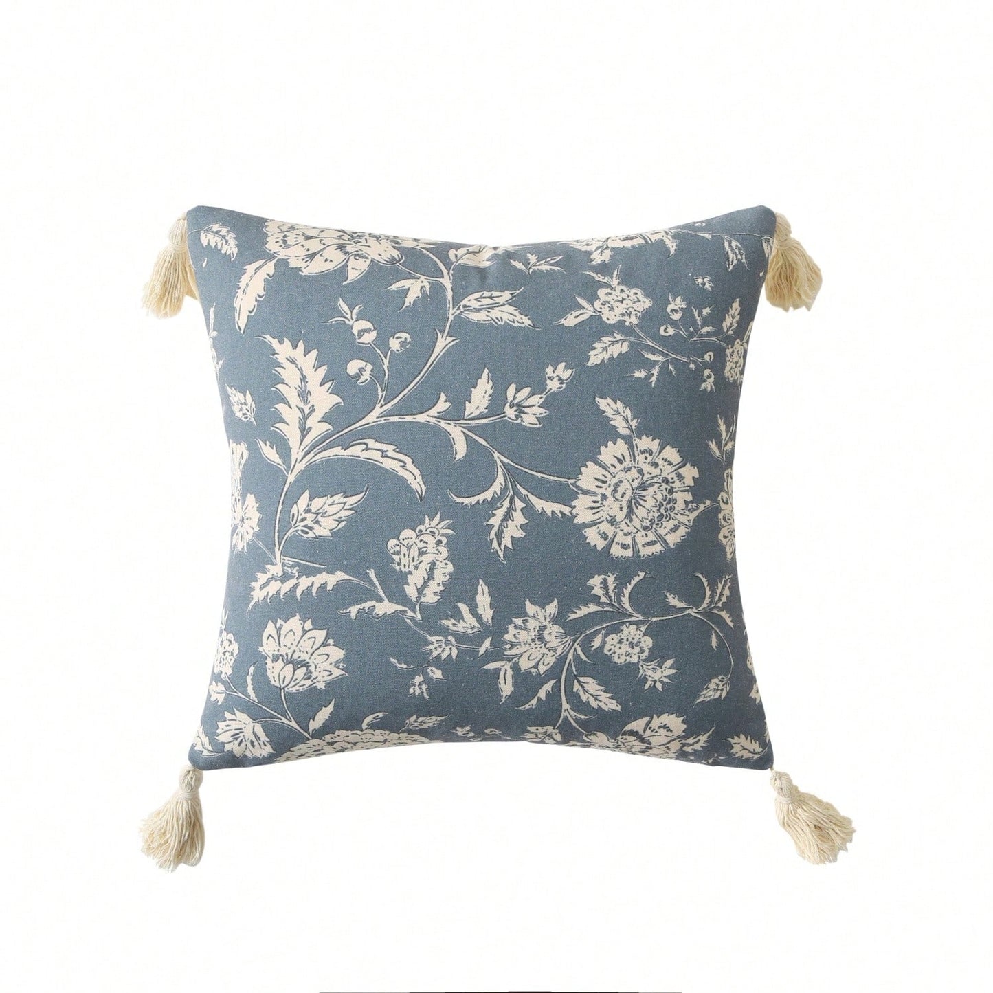1pc Soft Canvas Floral Print Tassel Throw Pillow Cover, Vintage Farmhouse Style Decorative Cushion Case, Size 18/20 Inch, Blue, Handmade Printed