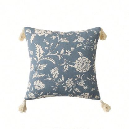 1pc Soft Canvas Floral Print Tassel Throw Pillow Cover, Vintage Farmhouse Style Decorative Cushion Case, Size 18/20 Inch, Blue, Handmade Printed