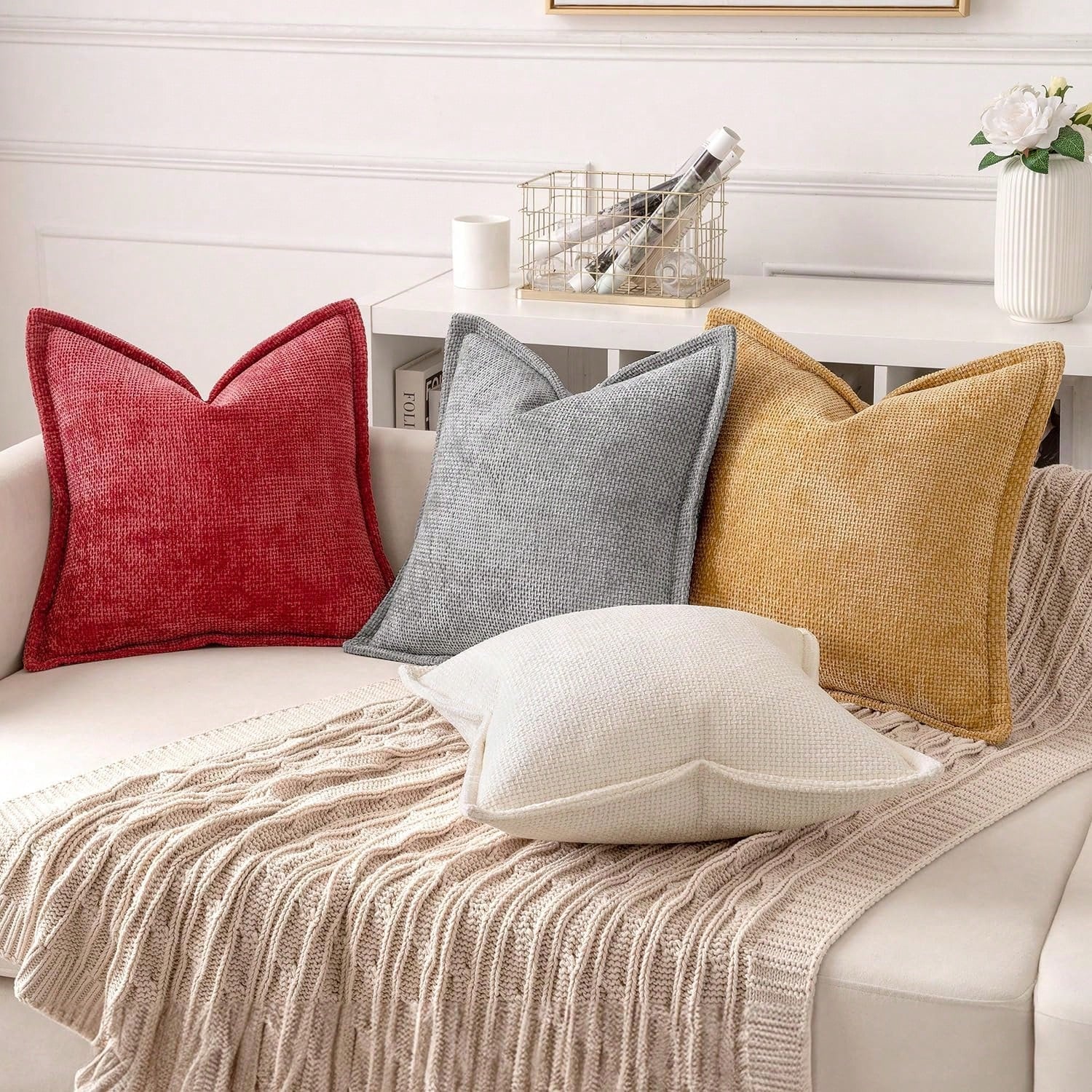 1pc Soft Chenille Cross Texture Pattern Throw Pillow Cover With Wide Trim, Farmhouse Cushion Cover For Home Decor, Sofa, Bedroom, Living Room