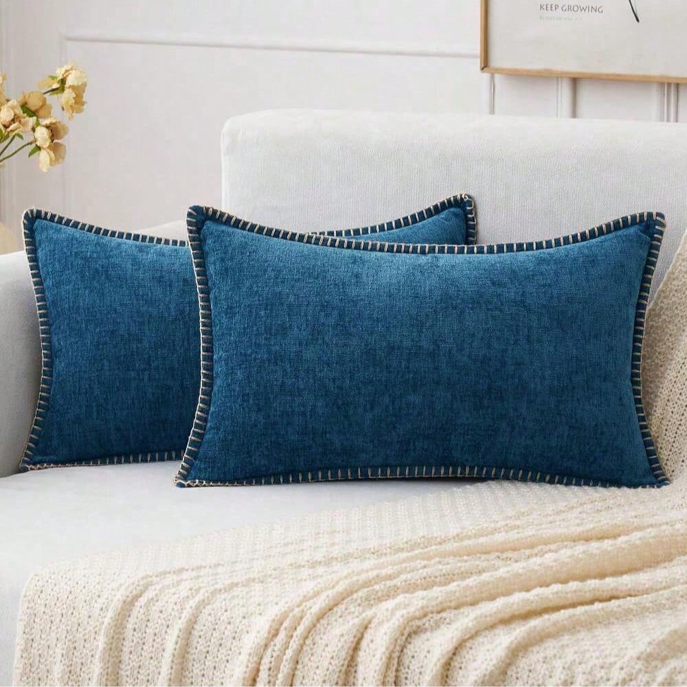 1pc Soft & Comfortable Skin-Friendly Double-Sided Chenille Pillow Cover With Stitched Edges, Navy Blue (Without Filler), Suitable For Sofa And Bed, Spring/Summer