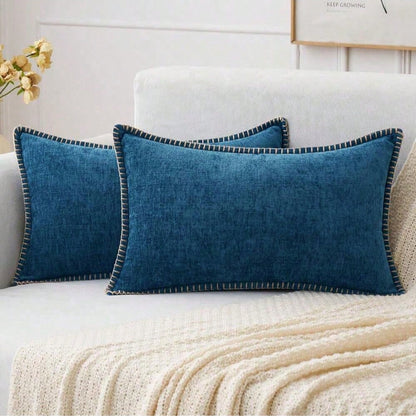 1pc Soft & Comfortable Skin-Friendly Double-Sided Chenille Pillow Cover With Stitched Edges, Navy Blue (Without Filler), Suitable For Sofa And Bed, Spring/Summer