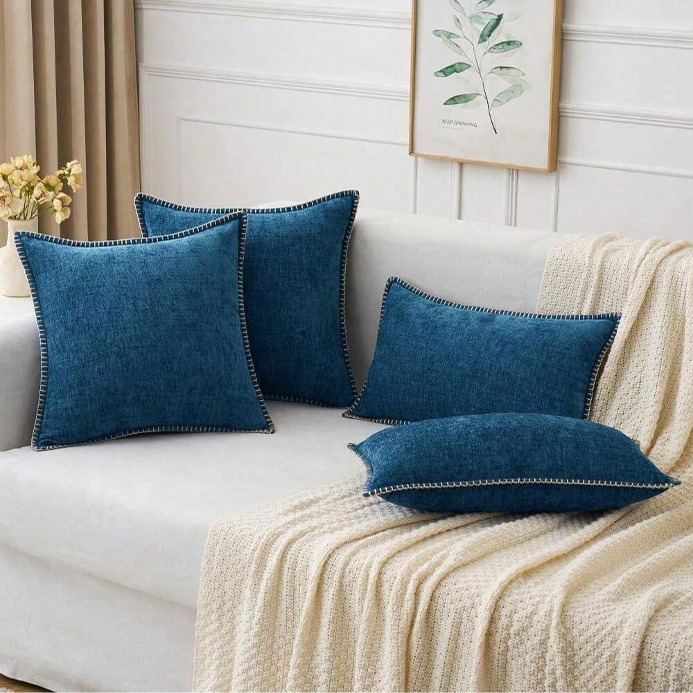 1pc Soft & Comfortable Skin-Friendly Double-Sided Chenille Pillow Cover With Stitched Edges, Navy Blue (Without Filler), Suitable For Sofa And Bed, Spring/Summer