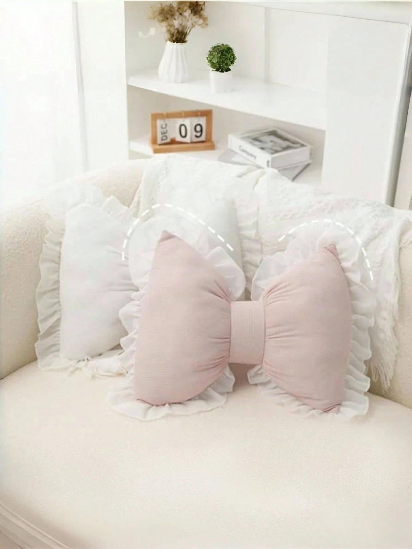 1pc Soft & Cute Bow Decorative Throw Pillow, Ruched Lace Bow Cushion For Sofa, Bed, Living Room & Bedroom, Ideal Mother's Day Gift For Mom, White