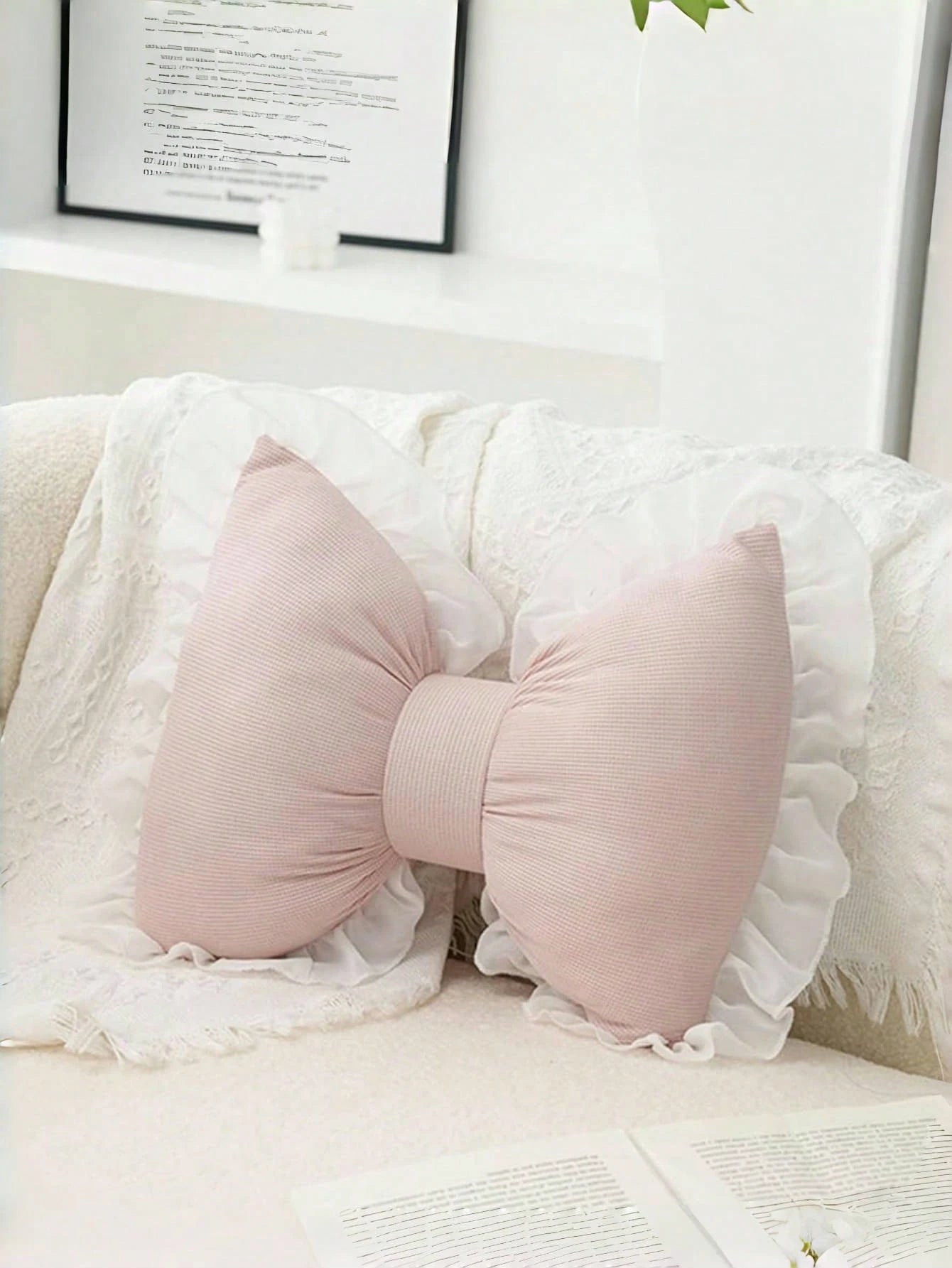 1pc Soft & Cute Bow Decorative Throw Pillow, Ruched Lace Bow Cushion For Sofa, Bed, Living Room & Bedroom, Ideal Mother's Day Gift For Mom, White