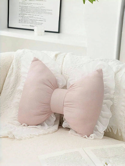 1pc Soft & Cute Bow Decorative Throw Pillow, Ruched Lace Bow Cushion For Sofa, Bed, Living Room & Bedroom, Ideal Mother's Day Gift For Mom, White