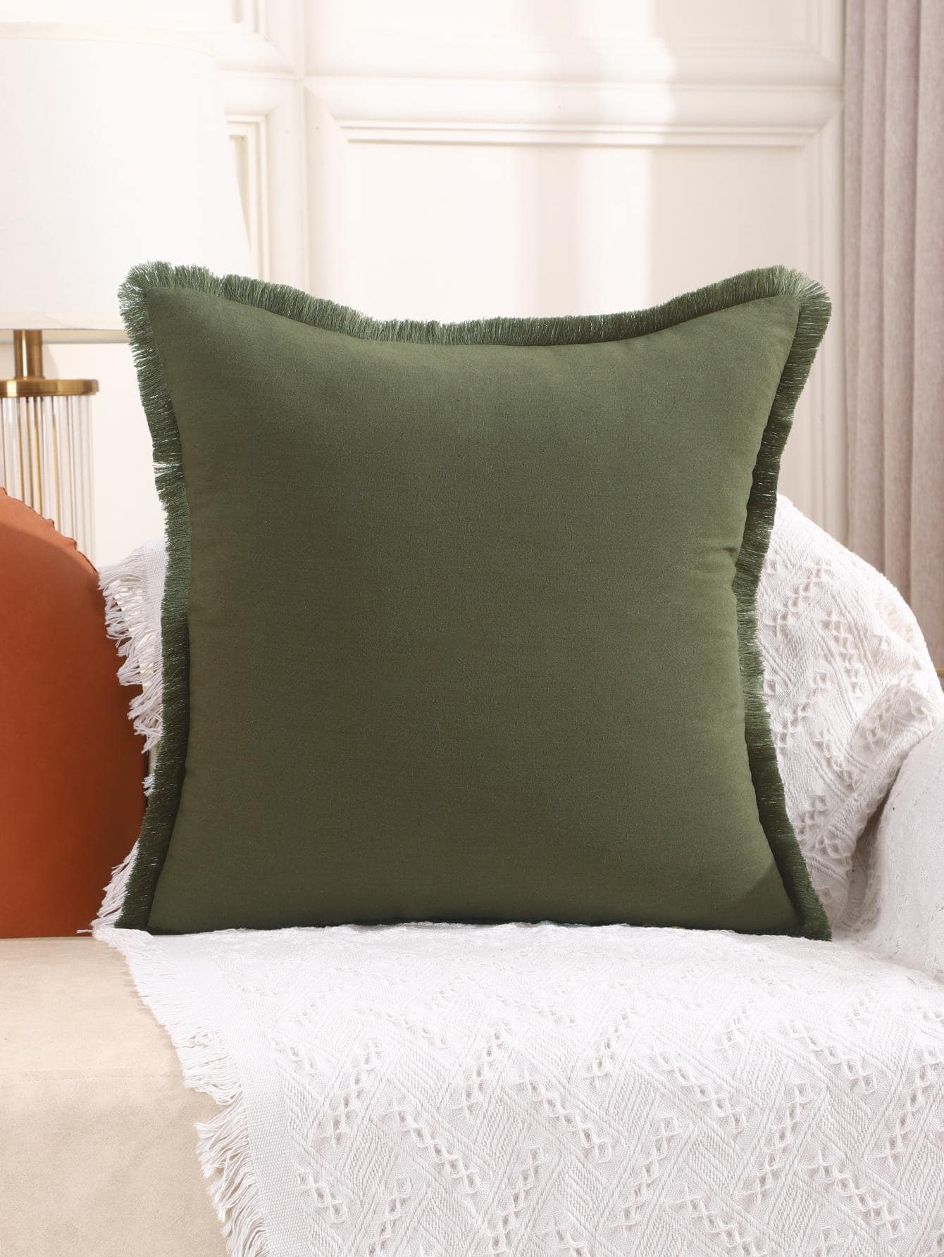 1pc Solid Color Cushion Cover Without Filler, Minimalist Canvas Fringe Trim Decorative Throw Pillow Case For Living Room, Home Decor
